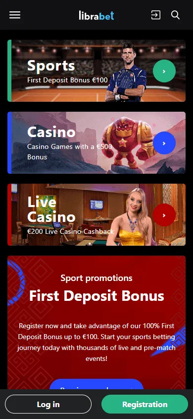 Librabet Casino home screen on a mobile browser