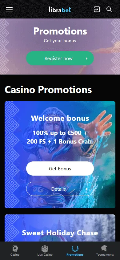 Librabet Casino promotions screen on a mobile browser