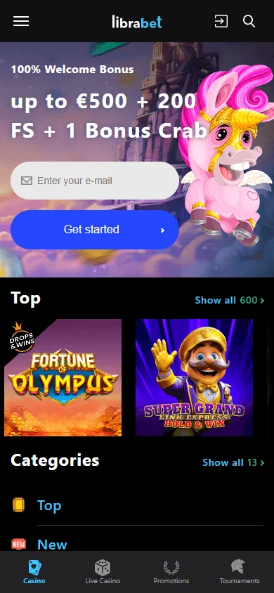 Librabet Casino games screen on a mobile browser
